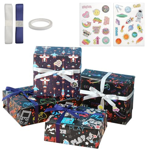 4 Hojas Papel Regalo Infantil, Papel de Regalo con Temática de Juegos, Papel de Regalo Infantil, Papel de Regalo para Fiesta de Cumpleaños Infantil con Cinta de Doble Cara, Cinta, Pegatinas 70×50cm