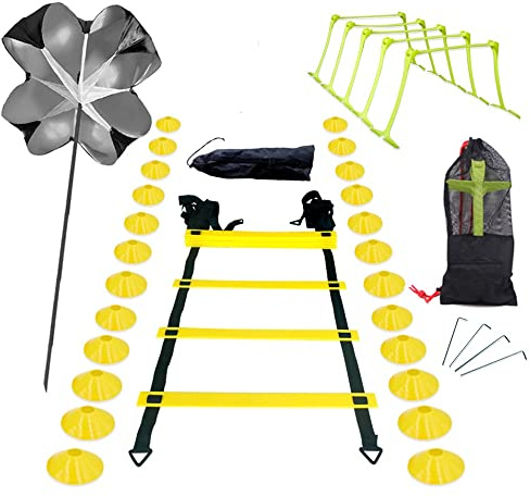 Set allenamento Speed ​​​​& Agility, accessori per allenamento calcio con 1 paracadute di resistenza, scala di coordinazione, 5 ostacoli regolabili, 24 coni a disco, dispositivo di allenamento