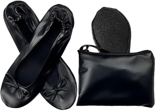 Nexoria Foldable Flats for Women, Foldable Ballet Flats Shoes for Purse, Portable Roll Up Shoes with Zipper Pouch, Stylish Comfortable & Non-Slip Portable Women Flat for Weddings, Office, Travel (Black,L)