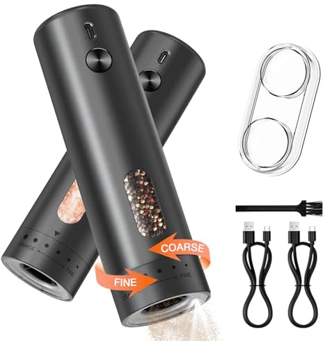 MERTTURM Juego de Molinillos de Pimienta Eléctricos Recargables, Molinillo de Especias con Luz LED, Granero de 110 ml, Grosor externo ajustable Molinillo de Sal para Cocina, BBQ, Negro(2PCS)