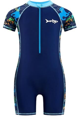 Yruioon Jungen Badeanzug Einteiler Rashguard Sport Schwimmanzug Kinder UV Schutz Bademode Sommer Surfanzug Badebekleidung Marine Blau 134-140