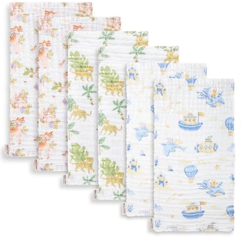 Maliton Muslin Baby Burp Cloths 20 x 10 - Large, 6-Layer, Ultra Absorbent 100% Cotton for Baby Drool & Messes, Soft, Pack of 6, Safe & Gentle Baby Rags for Boys & Girls - Floral