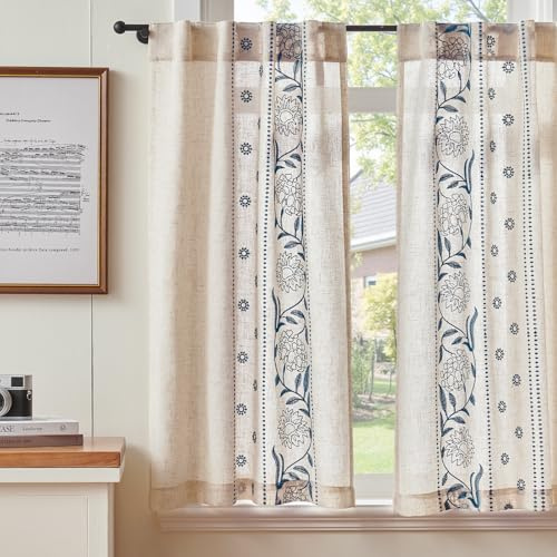 TOPICK Cortinas de cocina azules con diseño de encaje, estilo rústico, para bistró, con lazos ocultos, cortas, con bordado de lino, cortinas para sala de estar y dormitorio, estilo campestre
