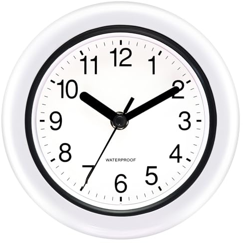 KIZLOC Reloj de pared redondo de 17 cm, resistente al agua, para exteriores, resistente a la intemperie, fácil de leer, silencioso, funciona con pilas, para exteriores, piscina, balcón, baño (blanco)