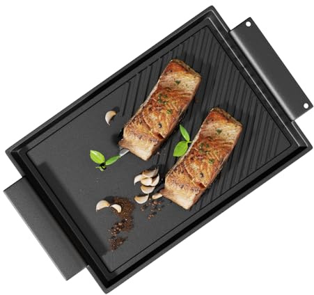 CAZOOO Grillplatte 38x21 cm mit Seitengriffen Aufhängeloch glatte antihaftbeschichtete Plancha aus Gusseisen Guss für alle Herdarten inkl. Induktion & Backofen