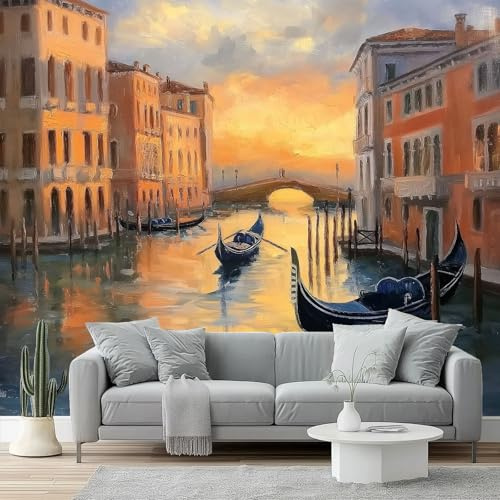 Carta Da Parati 300 x 210 cm Carta Da Parati Per Camera - Stile pittorico Edificio Canale Barca Progettazione del modello - Colore Da Letto Parete Non Tessuto Premium Stampa Decorazione Murale