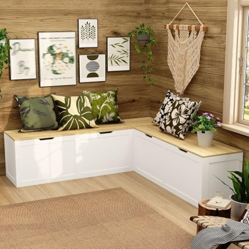 Lovinouse 63 Inch L Shaped Storage Bench Seat, Corner Kitchen Breakfast Nook Bench Seating with Hidden Storage, L Shaped Dining Benches for Entryway, Living Room, Dining Room (White & Natural)