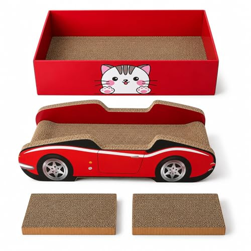 Emmuic Cardboard Cat Scratcher with Box, 4 PCS Reversible Cat Scratch Pad, Corrugated Cardboard Scratching Lounge for Indoor Kitty to Rest and Play