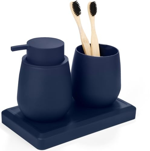 AJEUNGAIN Ensemble Salle de Bain Accessoire Bleu, Organisateur Salle de Bain 3 Pièces - Distributeur Savon, Porte Brosse a Dent, Plateau (Bleu)