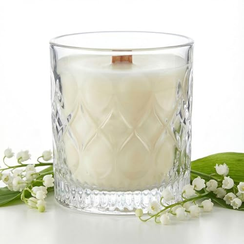 ELEMENT-TERRE Bougie Parfumée au Muguet, Cire de Noix de Coco et Cire d'Abeilles, Mèche en Bois, Verre Premium, 220g