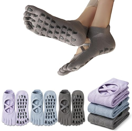 Sunolkie 3 Pares Calcetines Yoga Antideslizantes Mujer 5 Dedos, Calcetines Pilates Grip de Algodón Transpirable, Ideales para Embarazo, Barre y Fitness, Talla EU 35-39 / UK 3-6 / US 5-8