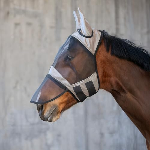 SUNRIDE Flugmask för hästar (Kuba) – med nässkydd – pälsstoppning på näsa och ögon – med UV-skydd – andas – tvättbar – brun (ponny)