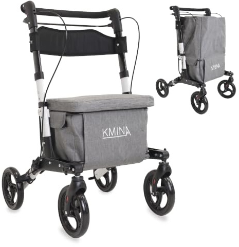KMINA Chariot de Courses avec Siège, Poussette de Marché Pliable (Gris) | Déambulateur 4 Roues avec Dossier, Sac Extensible de 28 à 60 L, Guidon Réglable 83 à 93 cm, Frein à une Main
