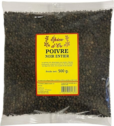 Poivre Noir En Grain 500g - Epice d'Or, 100% Naturel, En Grain, Végan, Sans Additifs ni Conservateurs Pour Une Saveur Authentique
