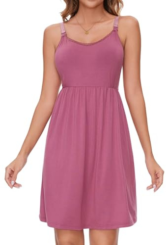 Sosolism Chemise da Notte da Allattamento per Estate con Clip per Poppata e Tiraggio Vestito da maternità con Imbottitura Rosa Polveroso, Grande