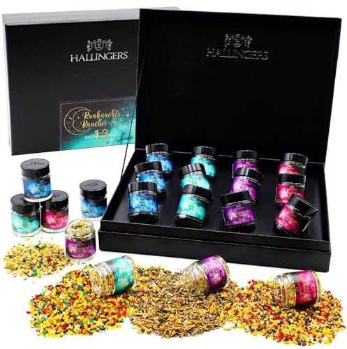 Hallingers Genuss Manufaktur Räucherwerk Geschenkset Weihnachten – 12 Sorten Premium Räucherwerk im Glas in edler Geschenkbox, Räucher Set Für die Rauhnächte, Rauhnächte Geschenkidee für Spirituelle