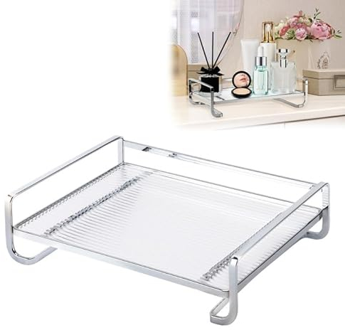 Bathroom Counter Tray, Single Tier Bathroom Countertop Organizer, Vanity Trays for Bathroom, Silver Rectangular Acrylic Cosmetic Tray, Cosmetics Skincare Organizer Holder for Perfume, Makeup, Candles