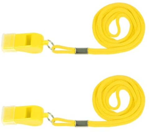 Plume'CHJ 2 Packs Plastic Sports Emergency Whistle with Lanyard and Mouth Grip, Loud and Clear Sound, Plastic Whistle is Perfect for Lifeguards, self-Defense and Emergencies（2-Yellow）