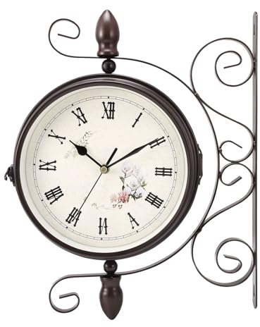 UrbanHomes Bahnhofsuhr Doppelseitig, Bahnhofsuhr Wetterfest, Runde Garten Wanduhr, Retro Schmiedeeisen Metall Wanduhren Aussen Stille Quarzuhr Wanduhr Outdoor Uhr Dekorative mit Halterung 1