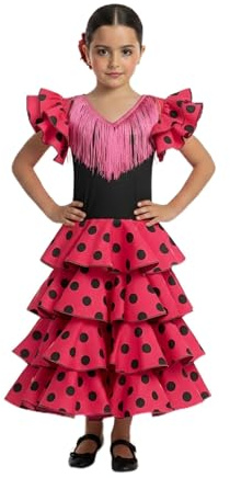 AMARU SANCHESU Vestido de niña para danza flamenco o sevillanas (FR/ES, Edad, 8 años, Regular, Fucsia Topo Negro)