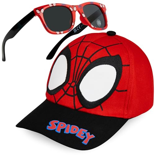Marvel Spiderman Sunglasses Baseball Cap Set for Kids Adjustable Summer Sun Hat UV400 Kids Holiday Travel Essentials (Black/Red)