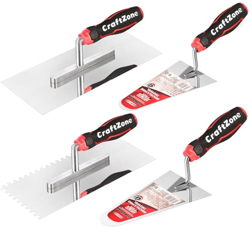 4 Pieces Concrete & Trowel Masonry Set - High Carbon Steel Plastering | Bricklaying Tools for Drywall Asphalt - Includes Flat & Notched Trowels & 7/9 Brick Trowels with Soft Grip Handle