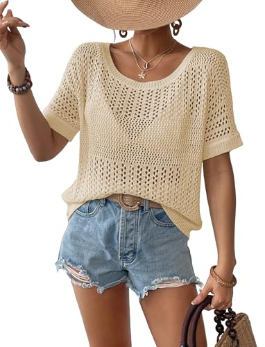 Bsubseach Crochet Tops for Women Short Sleeve Cover Ups for Swimwear Women Knit Hollow Out Sweater Mesh Top Apricot M