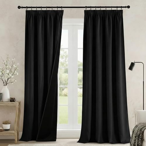 PONY DANCE 100% Blackout Thermal Insulated Curtains, 52x90 Inch, Black | Pencil Pleat Rod Pocket Curtains for Bedroom and Living Room, 2 Panels, Noise Reduction, Light Blocking & Privacy Drapes