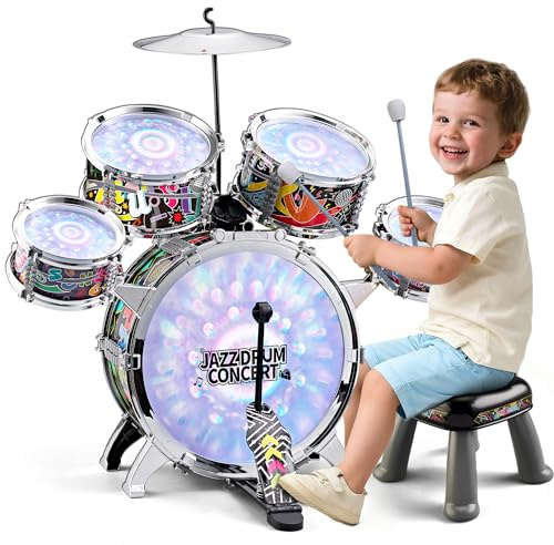 Kids Drum Set with Light, with 5 Piece High Mini Musical Jazz Drum Kit ,Percussion Beginner kit for Boys Girls Toddlers Aged 3-5 5-7
