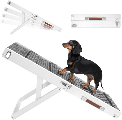 Pawaboo Rampa para Perros Plegable, Rampa para Mascotas de Madera 4 Alturas Ajustables de 13,6 a 21 con Alfombra Antideslizante, Escalera para Perros Pequeños Gatos para Sofá, Blanco