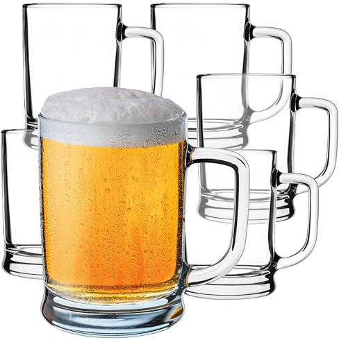KADAX Jarra de cerveza de 0,5 litros, juego de 6 vasos de cerveza con asa, jarra grande de cristal de pared gruesa, vaso de cerveza en diseño clásico, jarra de cristal para cerveza