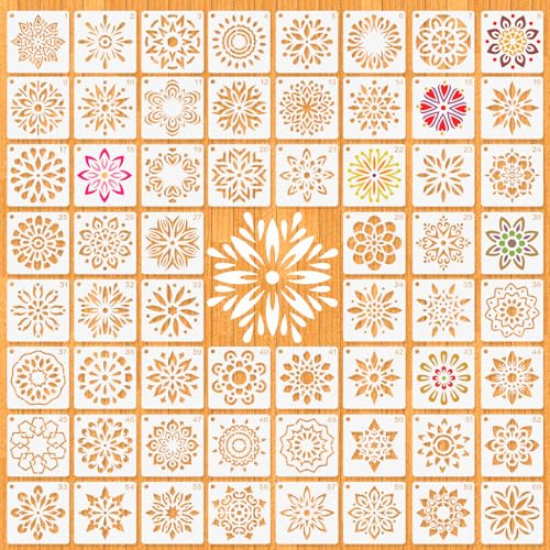 MWOOT 60 Piezas Plantillas de Mandala, Diseño Floral en Plástico para DIY, Modelo de Dibujo Reutilizable, Stencils para Aplicar en Piedra, Tela, Pared y Lienzos Decorativos (5x5 cm)