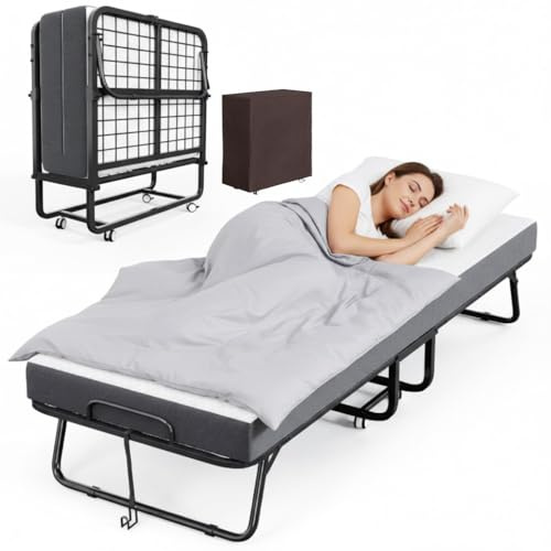 COTUBLR Folding Bed with Mattress, Portable Foldable Guest Beds for Adults 190 x 120 cm Twin Size Rollaway Day Bed with Premium 13 cm Memory Foam and Swivel Wheels, Bed Cover Included