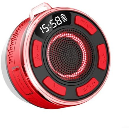 BlesConi Altoparlante impermeabile IPX7 per doccia con suono a 360°, luci RGB, radio FM e ventosa rimovibile per bagno, piscina e viaggi (rosso)