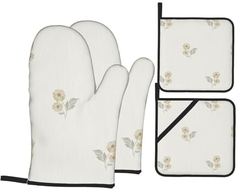 Clematis Floral Sprig Sage Oven Mitts and Pot Holders 4 Pcs Set Heat Resistant Thicken Long Kitchen Gloves for Cooking Baking Grilling
