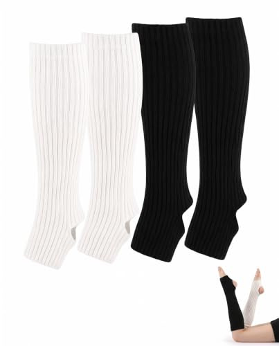 BTACGWP Jambière Femme 2 Paires Noir Blanc avec Trou au Talon pour Ballet Yoga Danse | Guêtres Chauffe-jambes Respirantes Douces