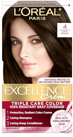 L'Oreal Paris Excellence Crème Permanent Hair Dye, Triple Care Hair Color with Hyaluronic Acid for 100% Gray Coverage, 4 Dark Brown, 1 Kit (Packaging May Vary)