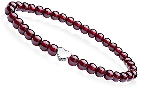 J.Endéar Naturedelstein Armband 5mm Granat Perlen Stretch Armband mit 925 Silber Herz Anhänger und Geschenktüte