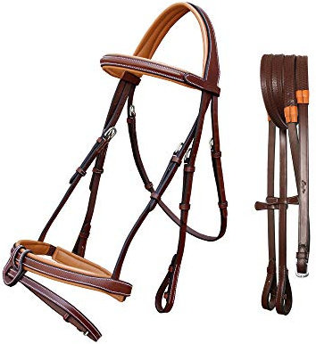 Exion Comfort Soft Lined Snaffle Hunter Jumping Bridle with Detachable Flash & Rubber Reins | Anatomical English Bridle for Horses (Oak Brown, Oversize)