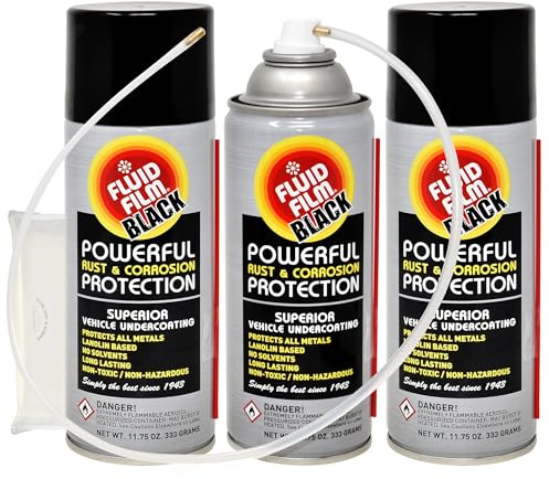 Fluid Film 11.75 Oz Undercoating Protection Aerosol Spray Can Black 3 Pack, Rust Inhibitor and Prevention, Anti Corrosion Multi Purpose Penetrant and Lubricant, Extension Wand