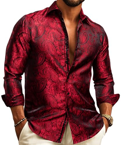 Barry.Wang Chemise en soie pour homme - Motif cachemire floral - Manches longues - Coupe régulière - Pour fête de mariage