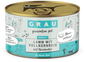 GRAU Våtfoder med lamm och fullkornsris för vuxna hundar, monoprotein, glutenfritt, originalprodukt, 6-pack (6 x 200 g)