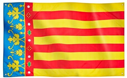 Runesol Bandera de la Región de Valencia, 91x152cm, 3ft x 5ft, Bandera Valenciana, 4 Ojales, Ojal en las Esquinas, Senyera Coronada, Reial Senyera, Día de la Constitución, España, Interior, Exterior