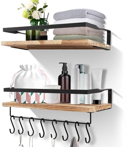 Uten Floating Shelves Wall Mounted Shelf, Light Brown Solid Shelf, Wooden Shelves Set Spirit Level, Towel Bar 8 Hooks for Bedroom, Living Room, Office, Kitchen Storage & Organisation