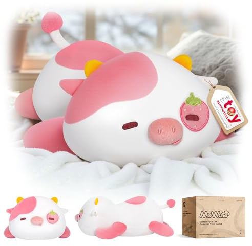 Mewaii Peluche Mucca Fragola che Respira Kawaii Cuscino Peluche Cute Giocattoli Abbraccio Peluche Gigante Regalo per Bambini Ragazze 33CM