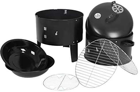 Viprh Fumoir à charbon vertical portable 3 en 1 amovible pour barbecue rond robuste pour la cuisine en plein air avec thermomètre intégré