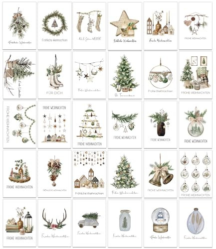 SILARLAIT Weihnachtskarten Set auf Deutsch, 32 Stück Weihnachtspostkarten A6 mit unterschiedlichen Motiven, 350 g/m², Frohe Weihnachten Karten, Postkarten Set für Weihnachten (Weihnachten)