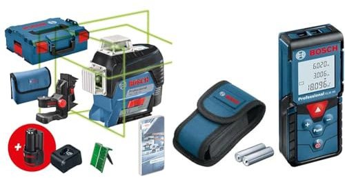 Bosch Professional 12V System Linienlaser GLL 3-80 CG (2x Akku, Ladegerät, grüner Laser, App-Funktion, bis 30 m) und Laser Entfernungsmesser GLM 40 (max. Messbereich 40 m, Flächen-/Volumenberechnung)