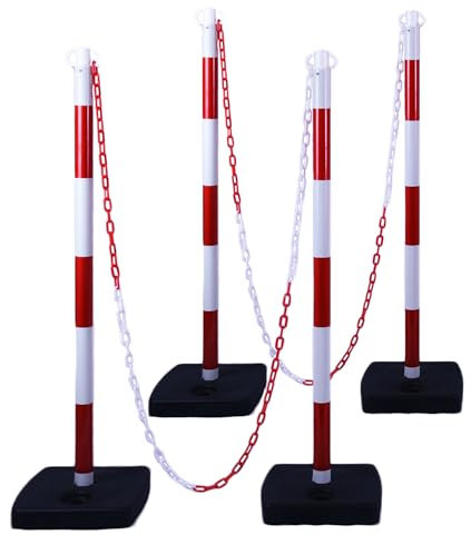 [ 4 piezas] Poste delimitador de tráfico 40 /100 cm, poste de barrera con cadena atada de 20 FT/600 cm y base rellenable de arena y agua para estacionamiento, construcción de carreteras