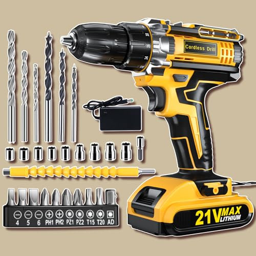Drill, Cordless Drill and Screwdriver Set, 2.0Ah 3/8 Inch Chuck 370 in-lbs, 25+1 Electric Screwdriver Rechargeable, 2 Speed Power Combi Battery Drills Tool Set 27 Accessories for Home Repair DIY Gift